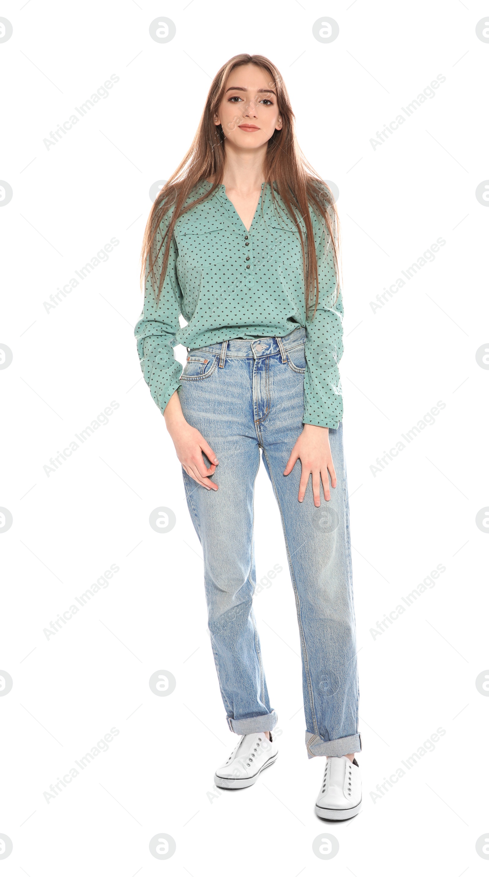 Photo of Portrait of beautiful young woman on white background