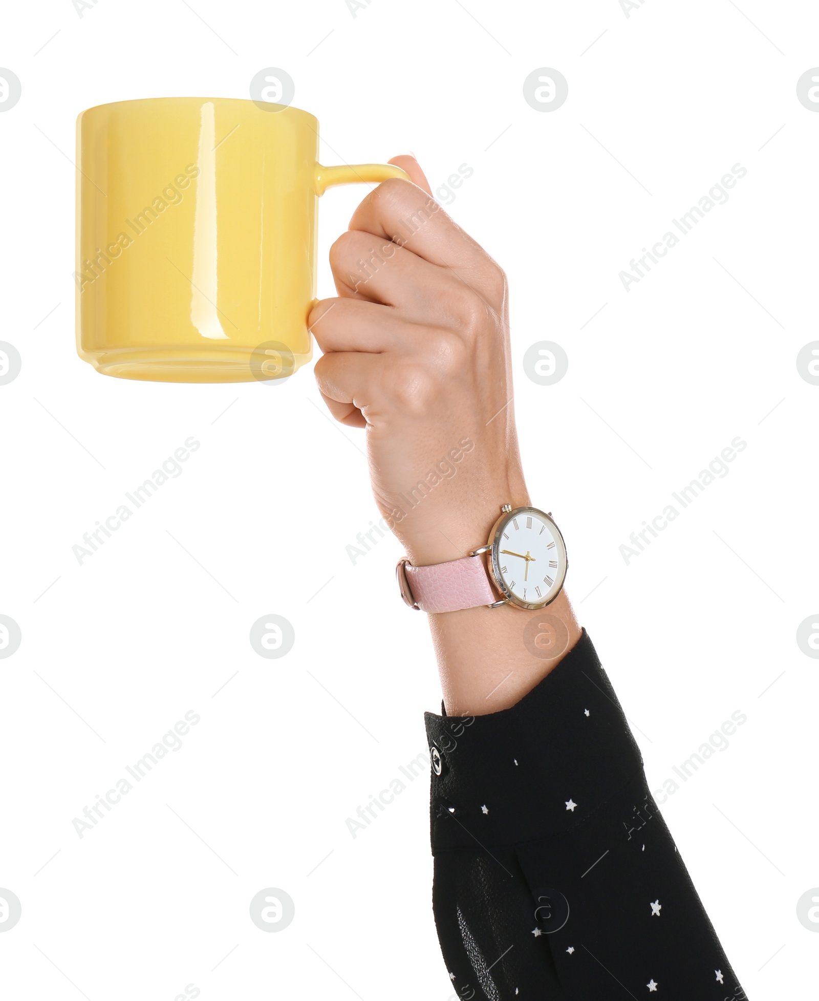 Photo of Woman holding elegant yellow cup on white background, closeup