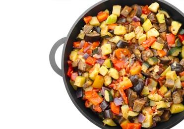 Delicious ratatouille in baking dish isolated on white, top view