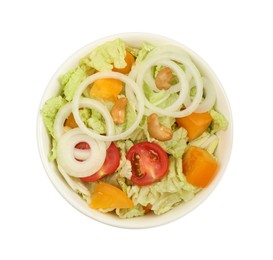 Bowl of delicious salad with Chinese cabbage, tomatoes and onion isolated on white, top view