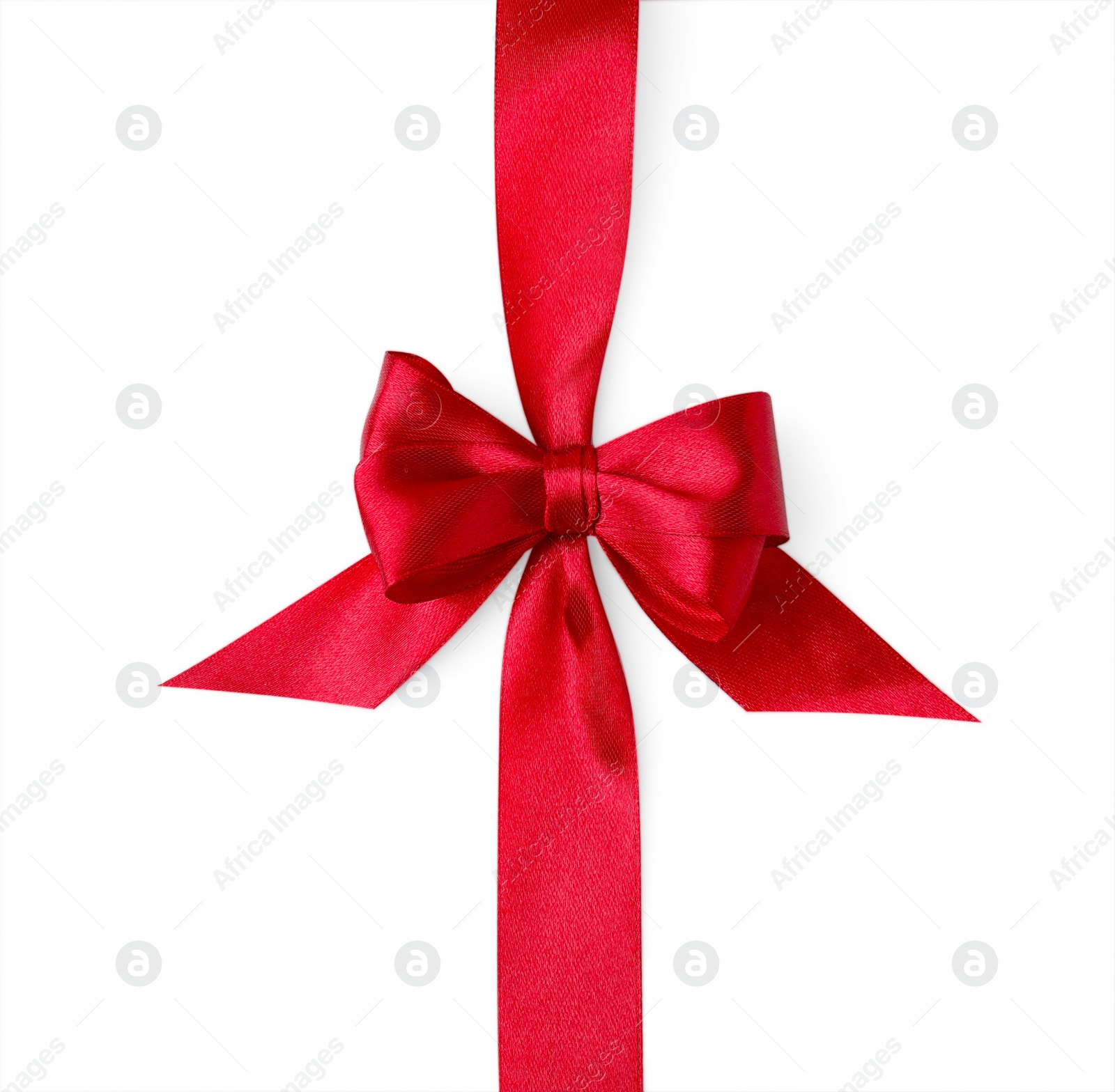 Photo of Red satin ribbon with bow on white background, top view