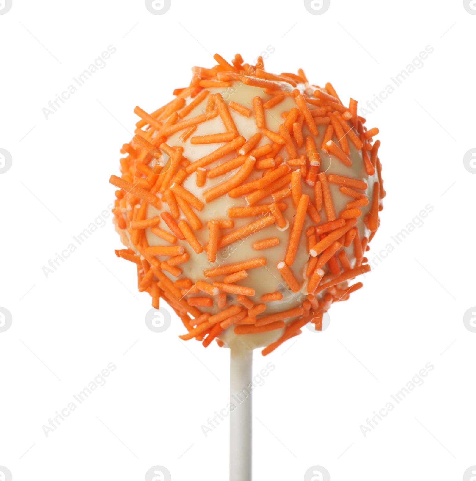 Photo of Tasty cake pop with orange sprinkles isolated on white