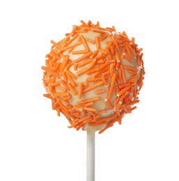 Tasty cake pop with orange sprinkles isolated on white