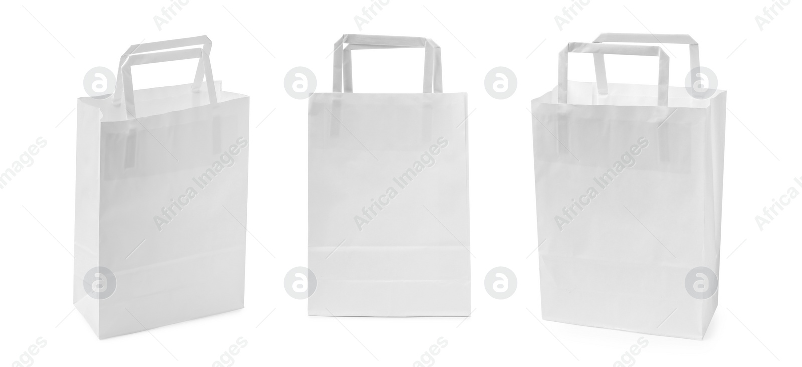 Image of Set with paper bags on white background. Banner design