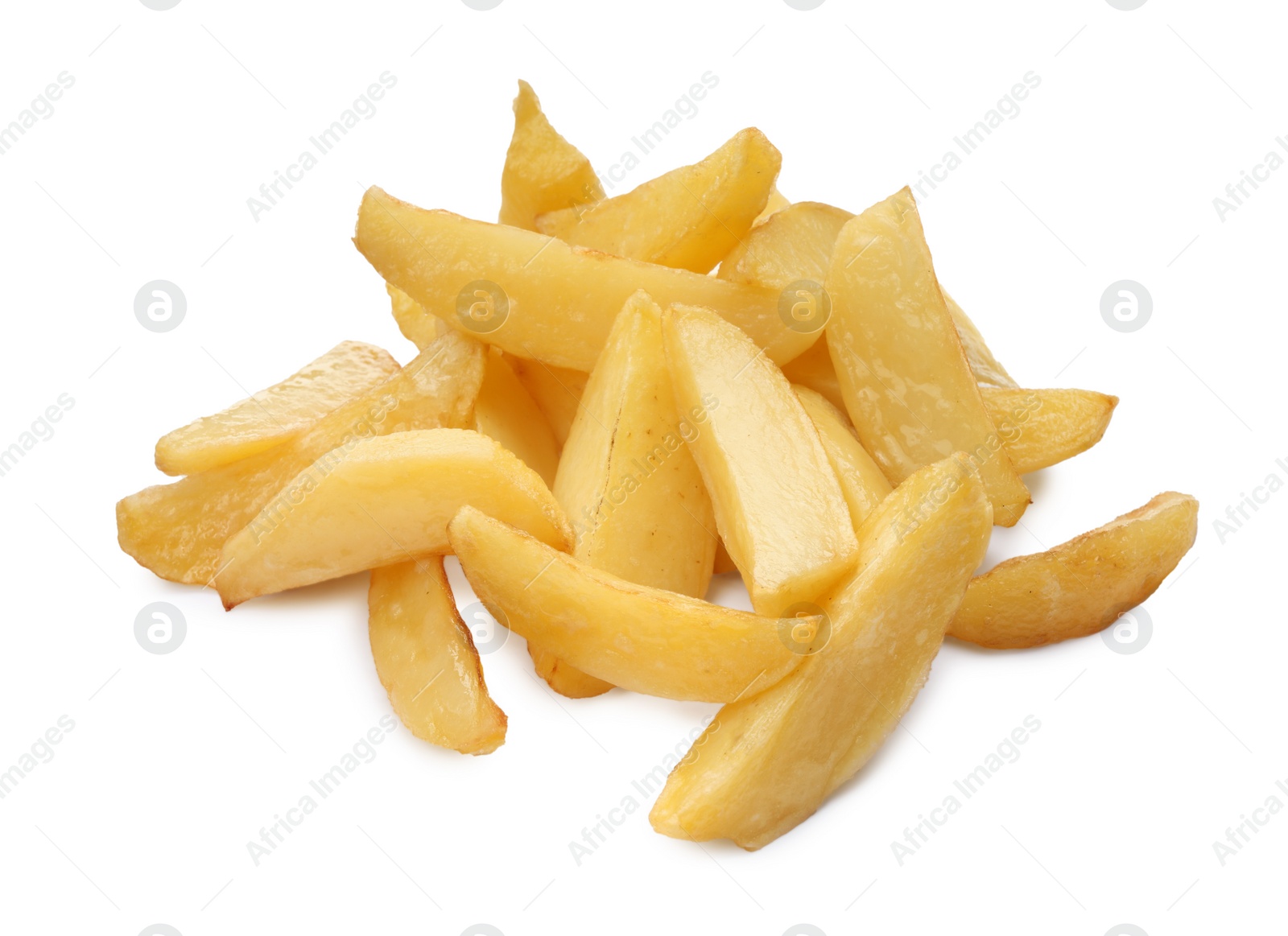 Photo of Tasty baked potato wedges on white background