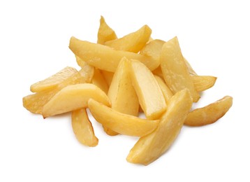 Photo of Tasty baked potato wedges on white background