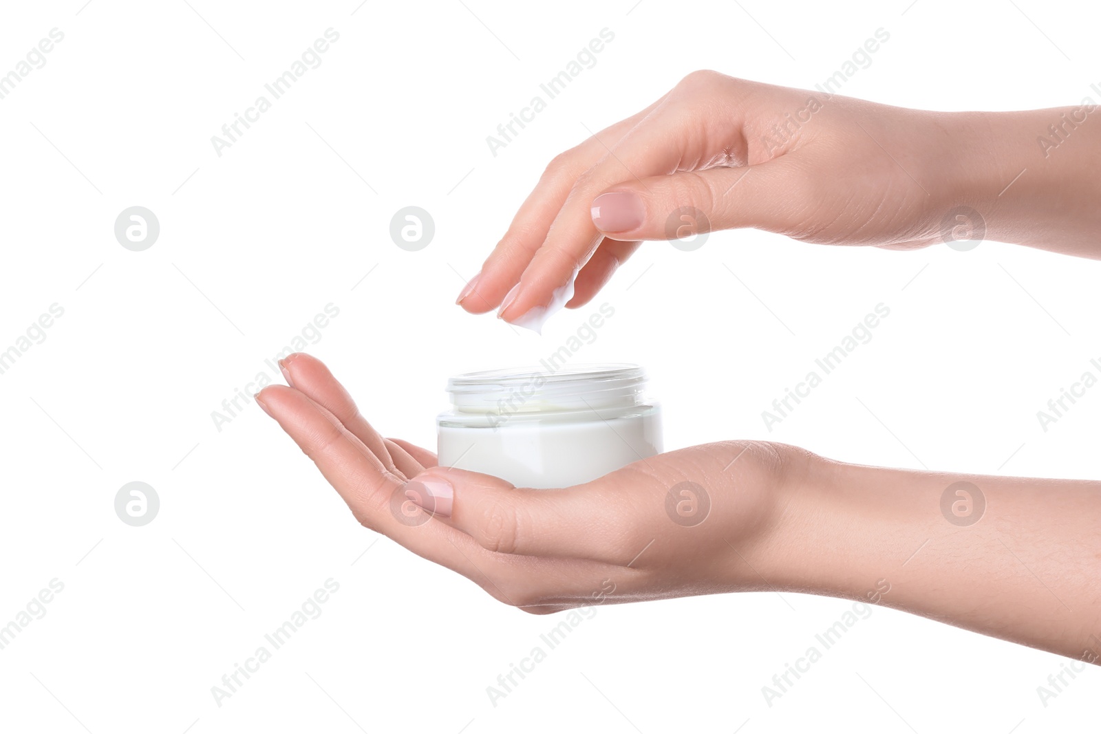 Photo of Woman with jar of cream isolated on white, closeup