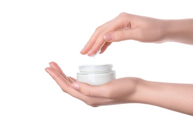 Photo of Woman with jar of cream isolated on white, closeup