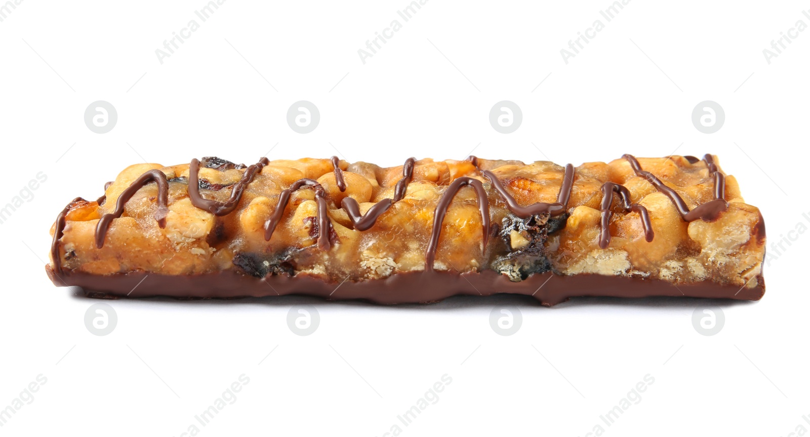 Photo of Grain cereal bar with chocolate on white background. Healthy snack
