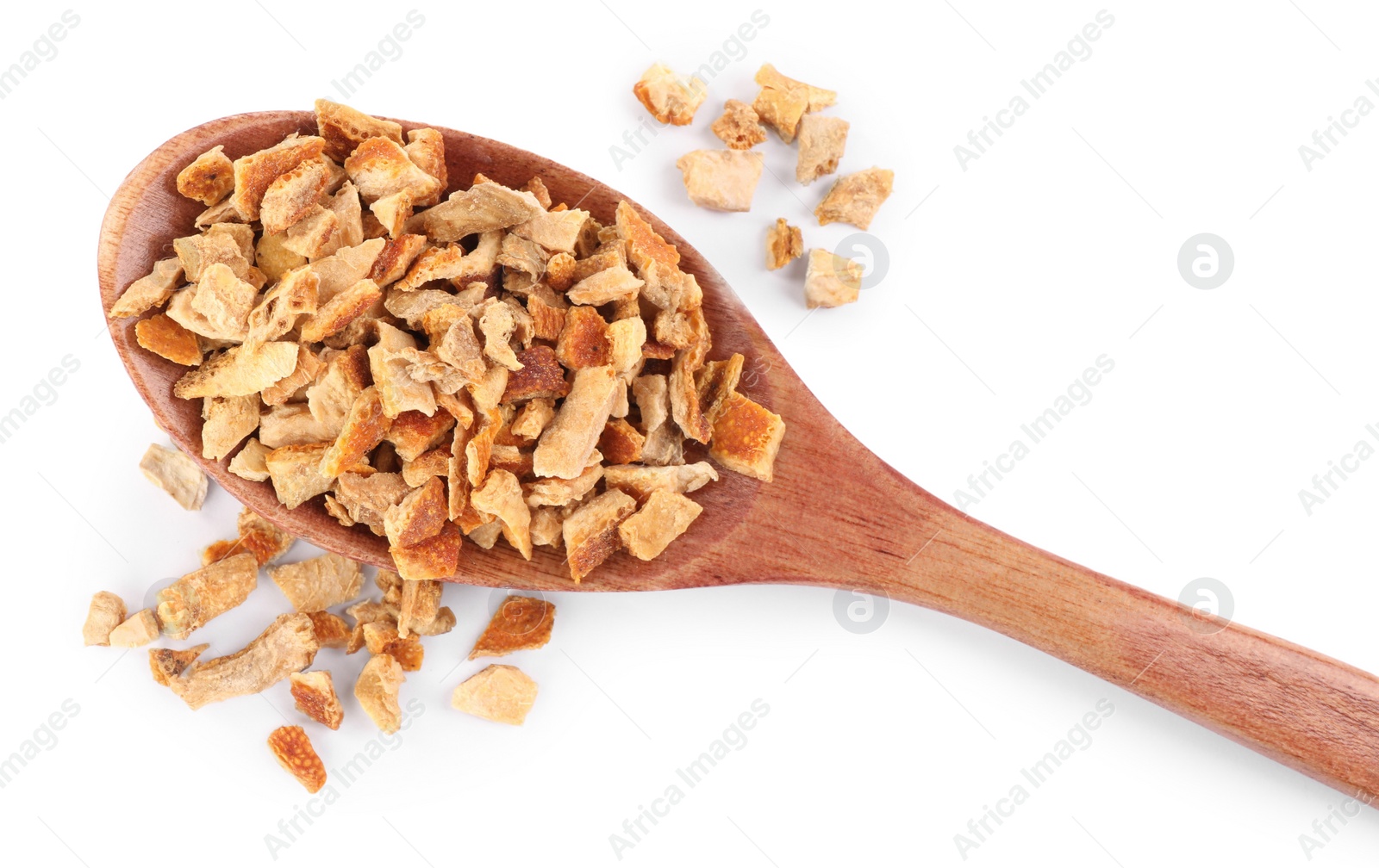 Photo of Spoon with dried orange zest seasoning isolated on white, top view