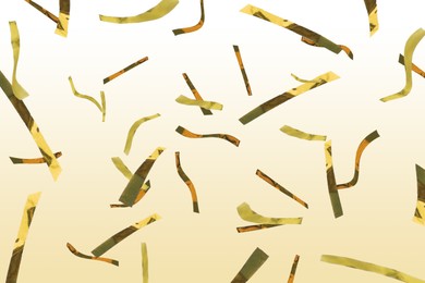 Image of Shiny golden confetti falling on gradient yellow background