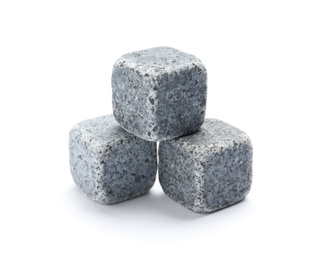 Photo of Classic grey whiskey stones on white background