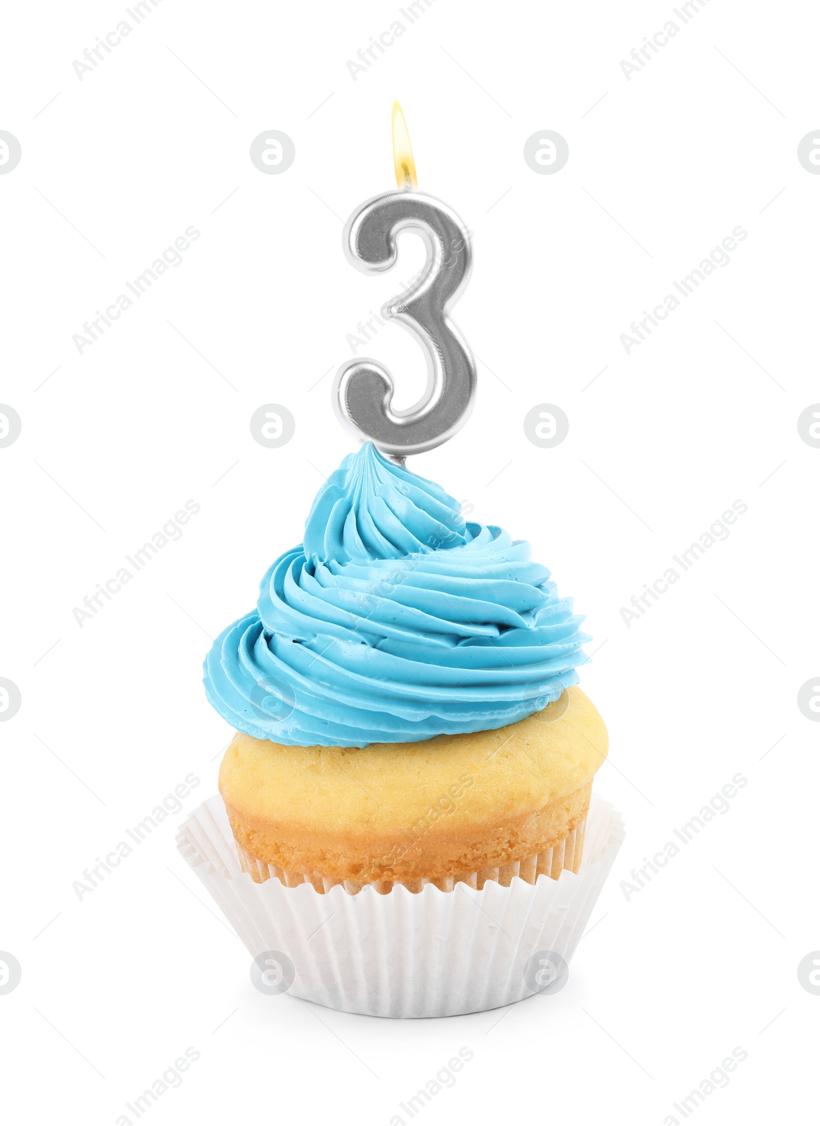 Photo of Birthday cupcake with number three candle on white background