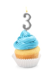 Photo of Birthday cupcake with number three candle on white background
