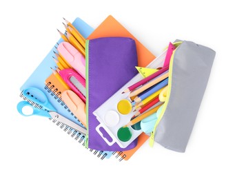 Photo of Many different school stationery isolated on white, top view