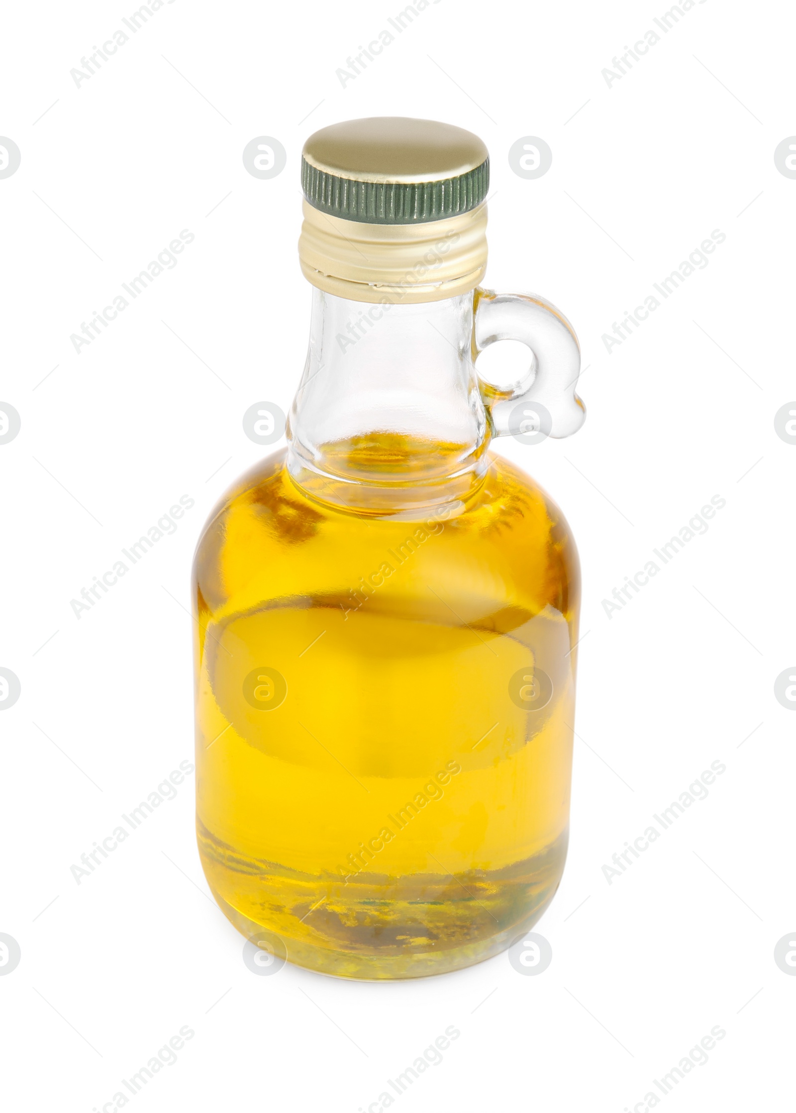 Photo of Glass bottle of cooking oil isolated on white