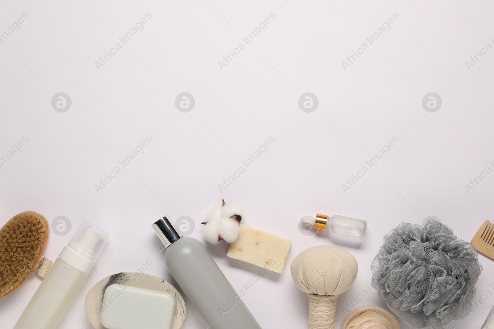 Photo of Bath accessories. Flat lay composition with personal care products on white background, space for text