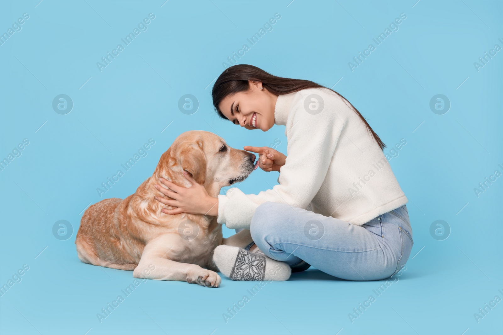 Photo of Happy woman playing with cute Labrador Retriever on light blue background