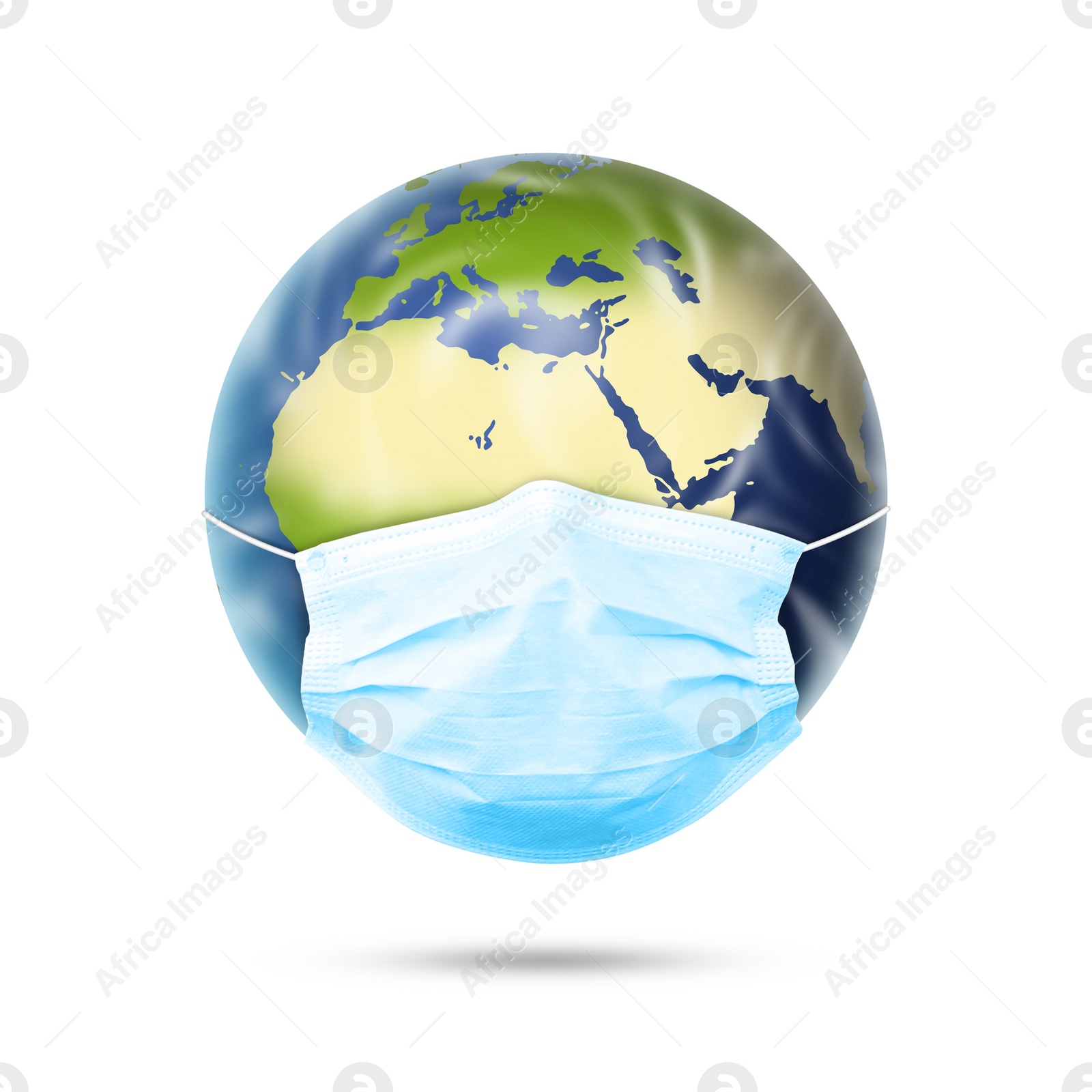 Image of Illustration of Earth with medical mask on white background. Dangerous coronavirus