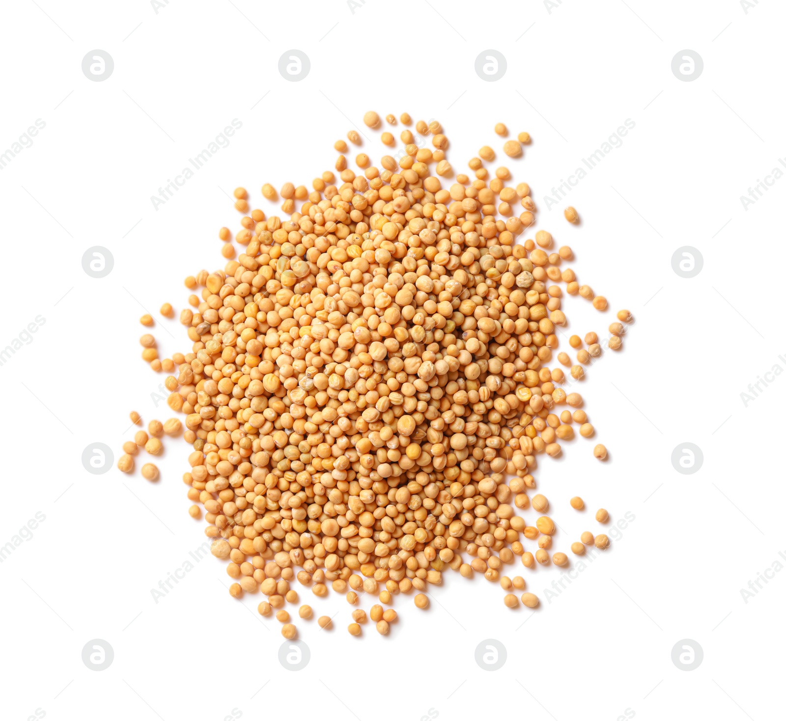 Photo of Mustard seeds on white background, top view