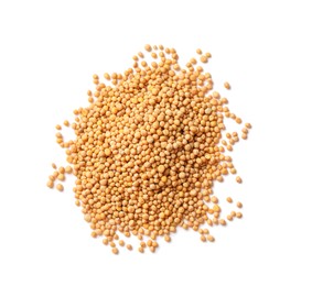 Mustard seeds on white background, top view