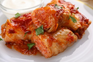 Photo of Delicious stuffed cabbage rolls cooked with tomato sauce on plate, closeup