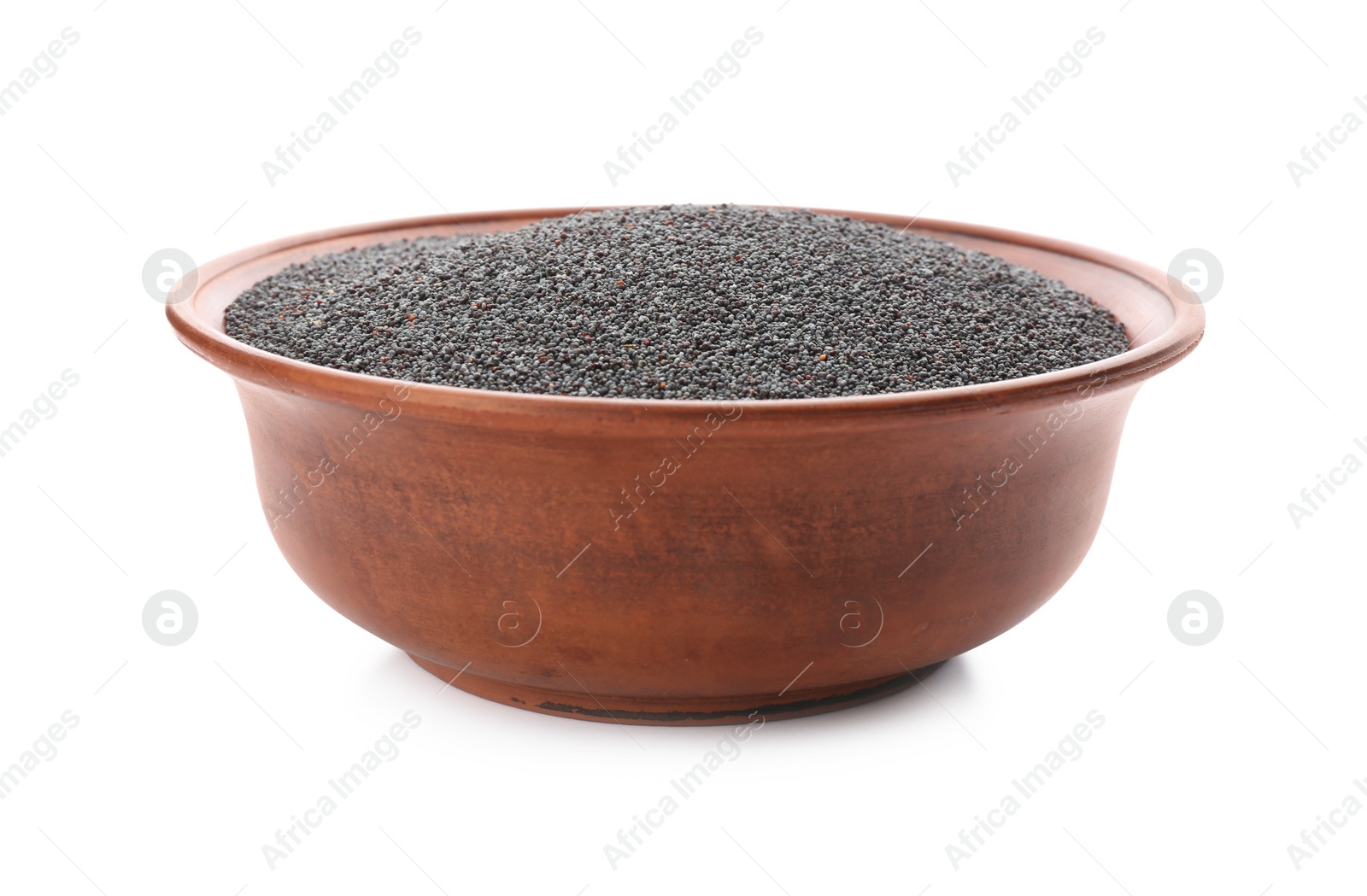 Photo of Poppy seeds in bowl isolated on white