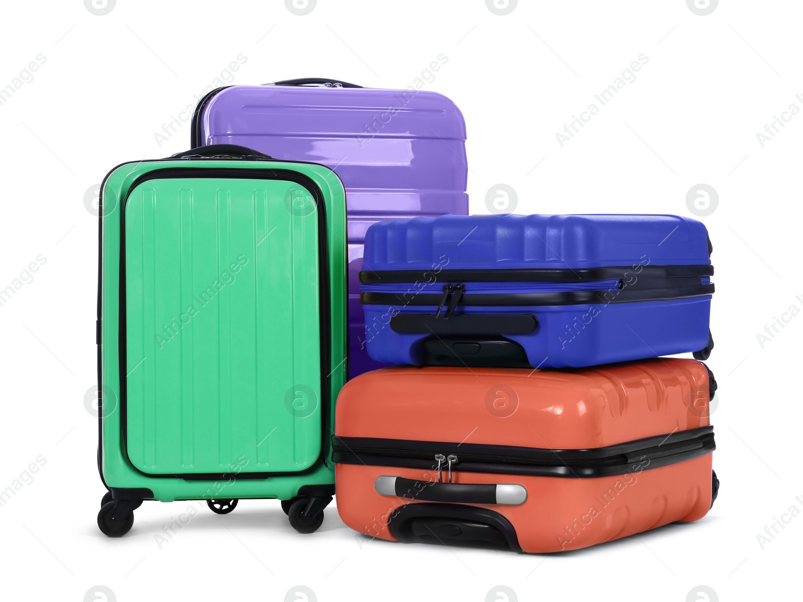 Image of Stylish suitcases packed for travel on white background