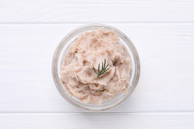 Delicious lard spread on white wooden table, top view