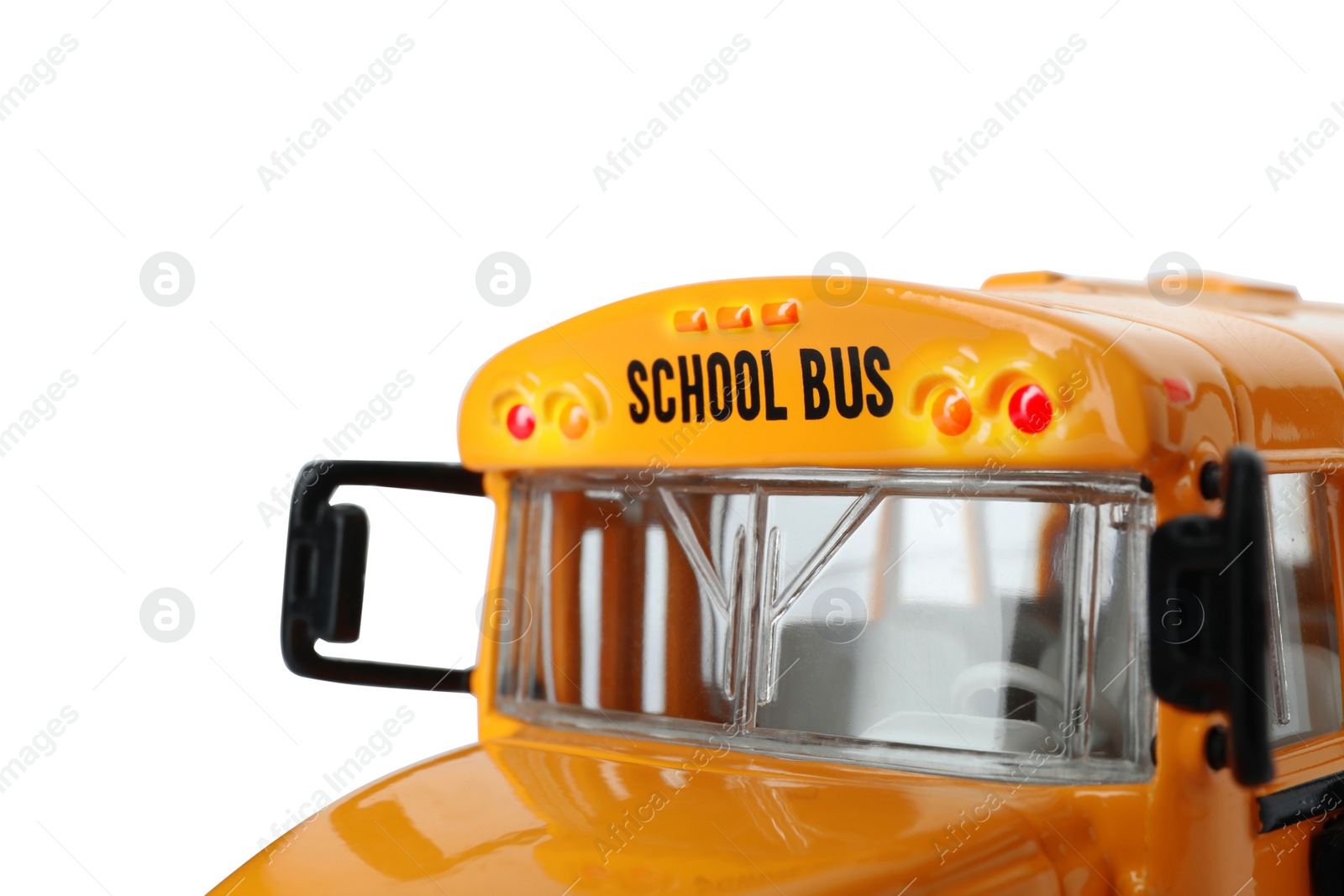 Photo of Yellow school bus on white background, closeup. Transport for students