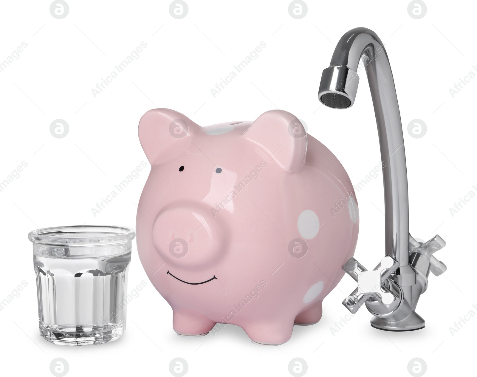 Photo of Water scarcity concept. Piggy bank, tap and glass of drink on white background