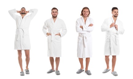 Image of Men wearing bathrobes on white background, collage. Banner design