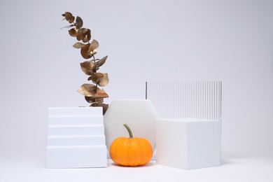 Autumn presentation for product. Geometric figures, pumpkin and golden branch with leaves on white background