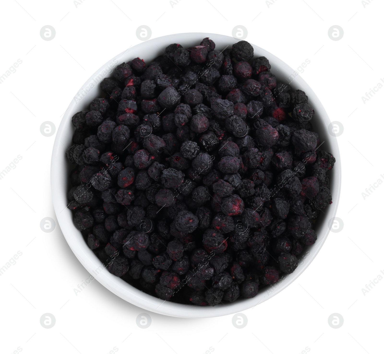 Photo of Freeze dried blueberries in bowl on white background, top view