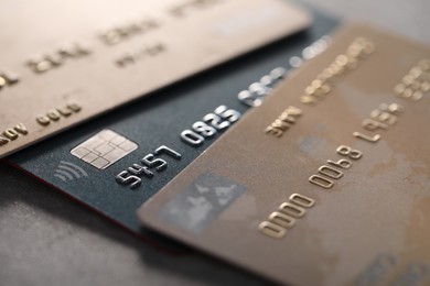 Plastic credit cards on table, macro view