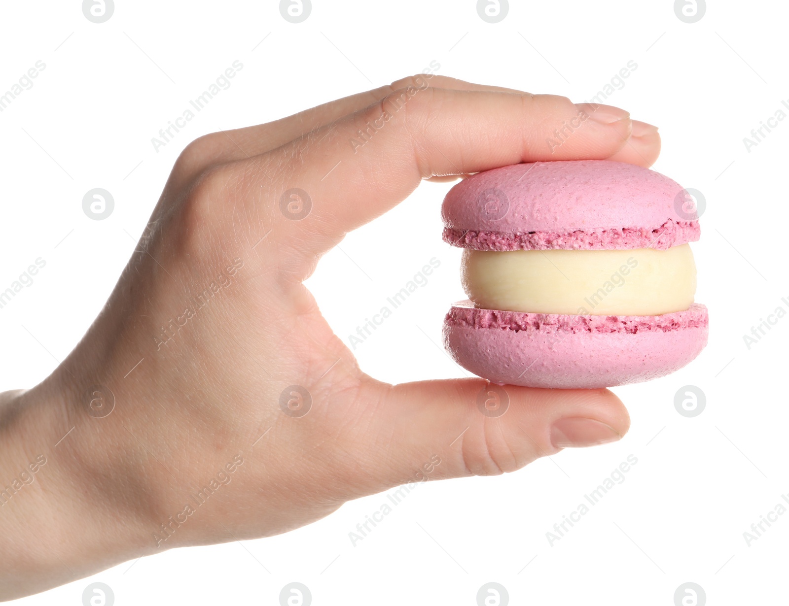 Photo of Woman holding delicious pink macaron on white background, closeup