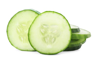 Photo of Slices of fresh cucumber on white background