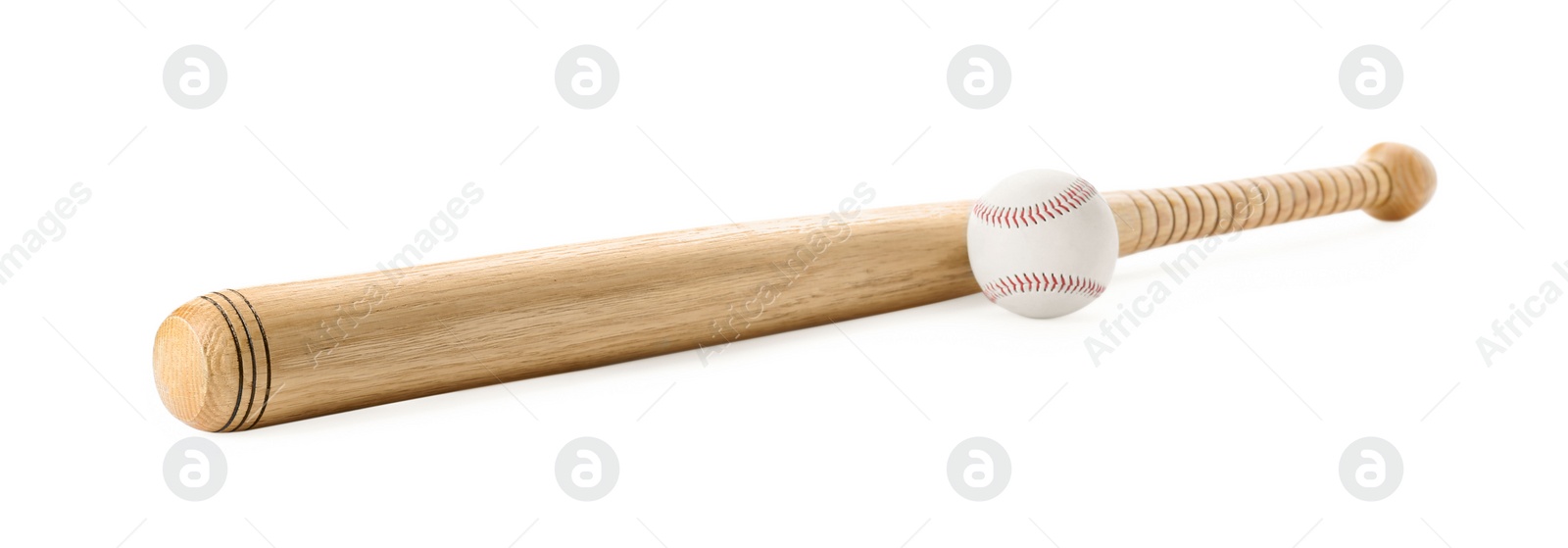 Photo of Wooden baseball bat and ball on white background. Sports equipment