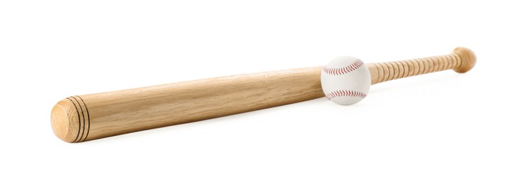 Photo of Wooden baseball bat and ball on white background. Sports equipment