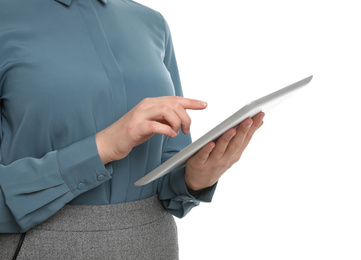 Photo of Young businesswoman with tablet on white background, closeup