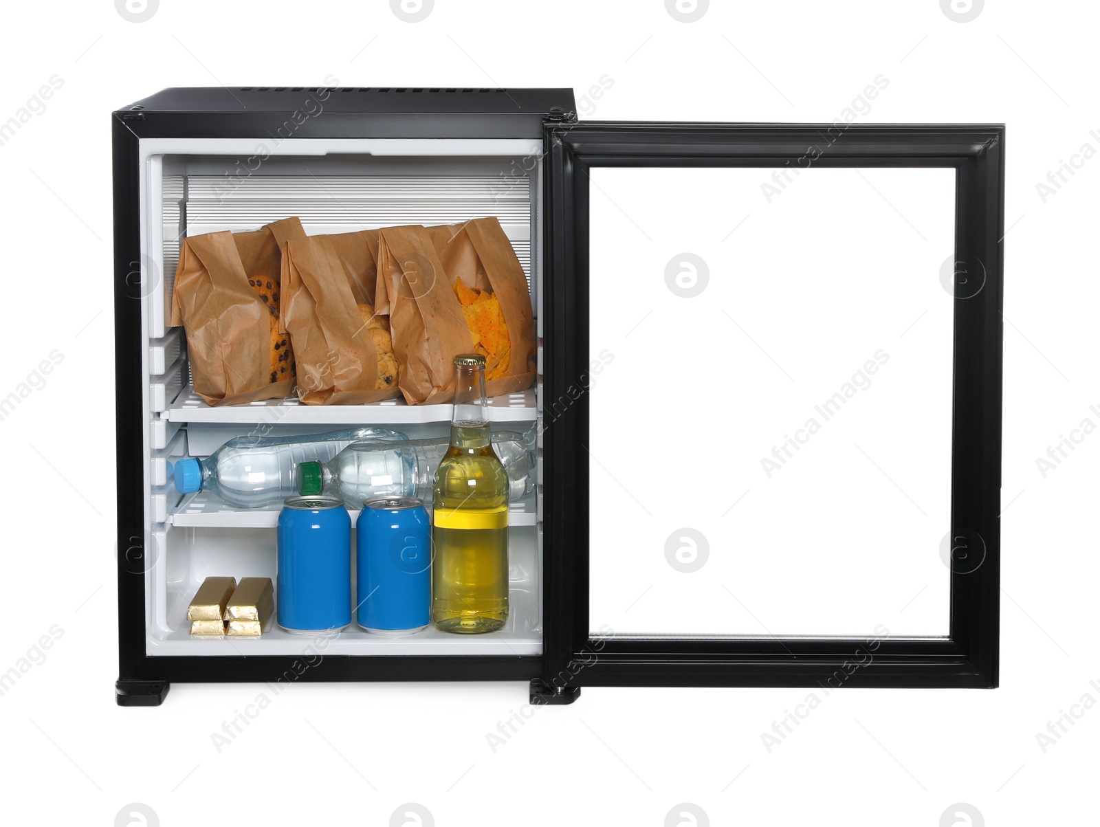 Photo of Mini bar filled with food and drinks isolated on white