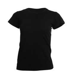 Photo of Mannequin with black women's t-shirt isolated on white. Mockup for design