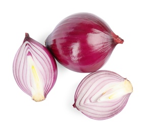 Photo of Fresh whole and cut red onions on white background, top view