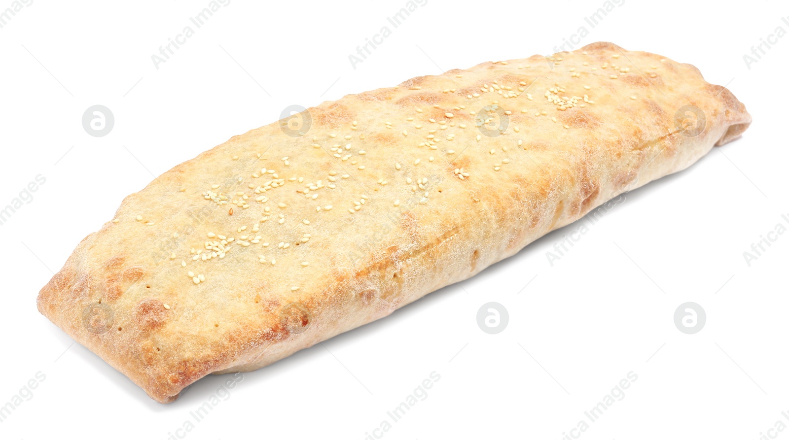 Photo of Delicious strudel with tasty filling isolated on white