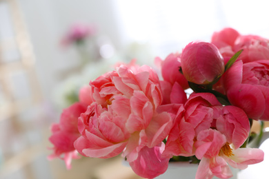 Photo of Beautiful peony bouquet on blurred background, closeup
