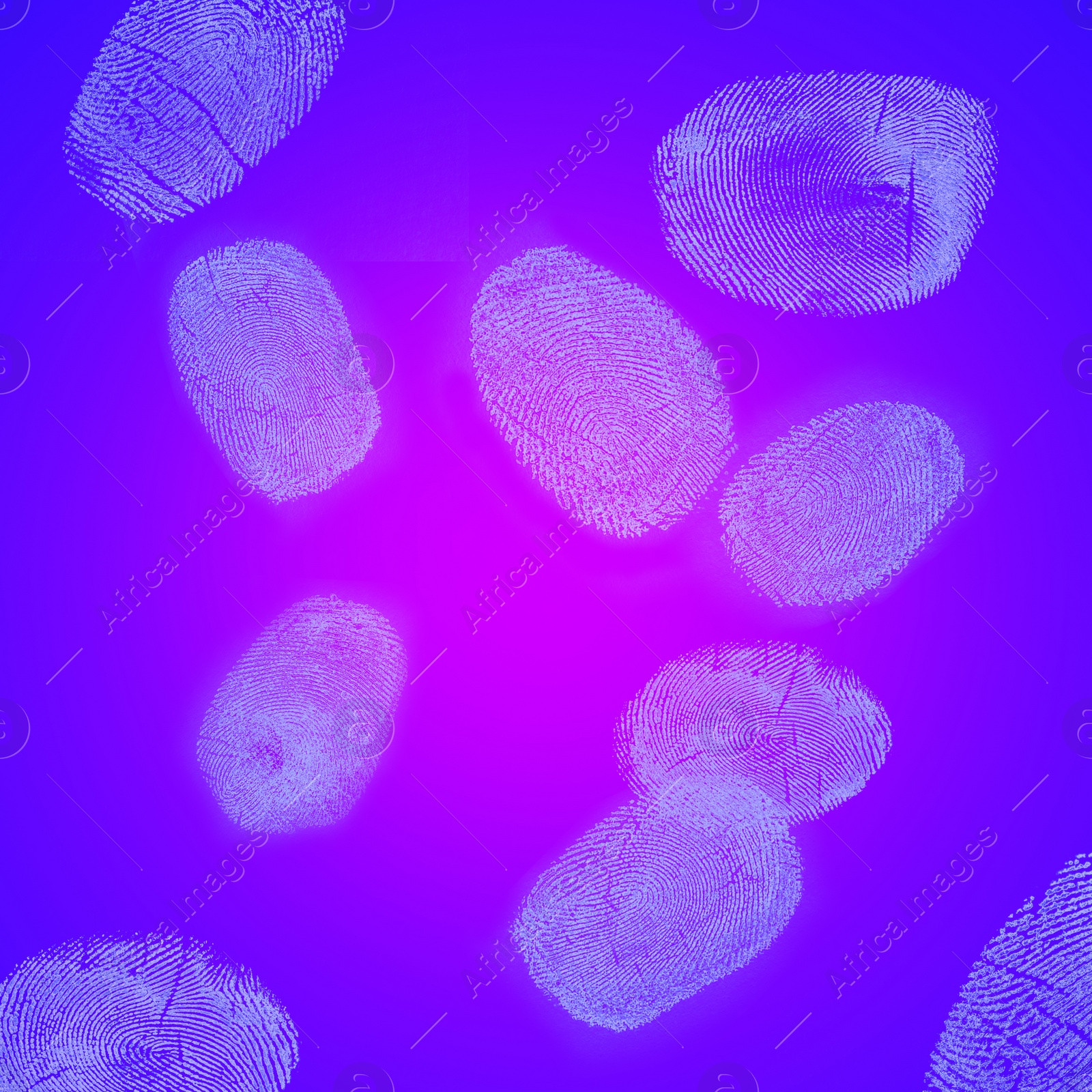 Image of Set of different fingerprints on color background 