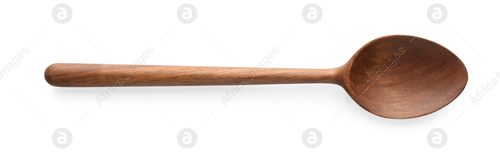 Photo of One empty wooden spoon isolated on white, top view