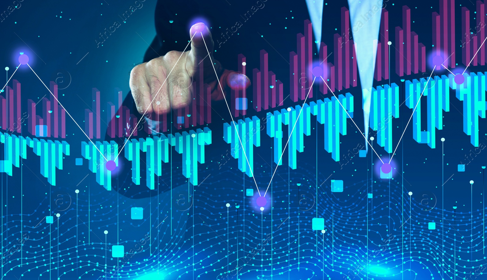 Image of Businessman drawing growth graph on virtual screen, closeup. Investment concept