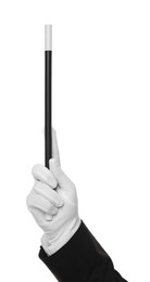 Photo of Magician holding wand on white background, closeup