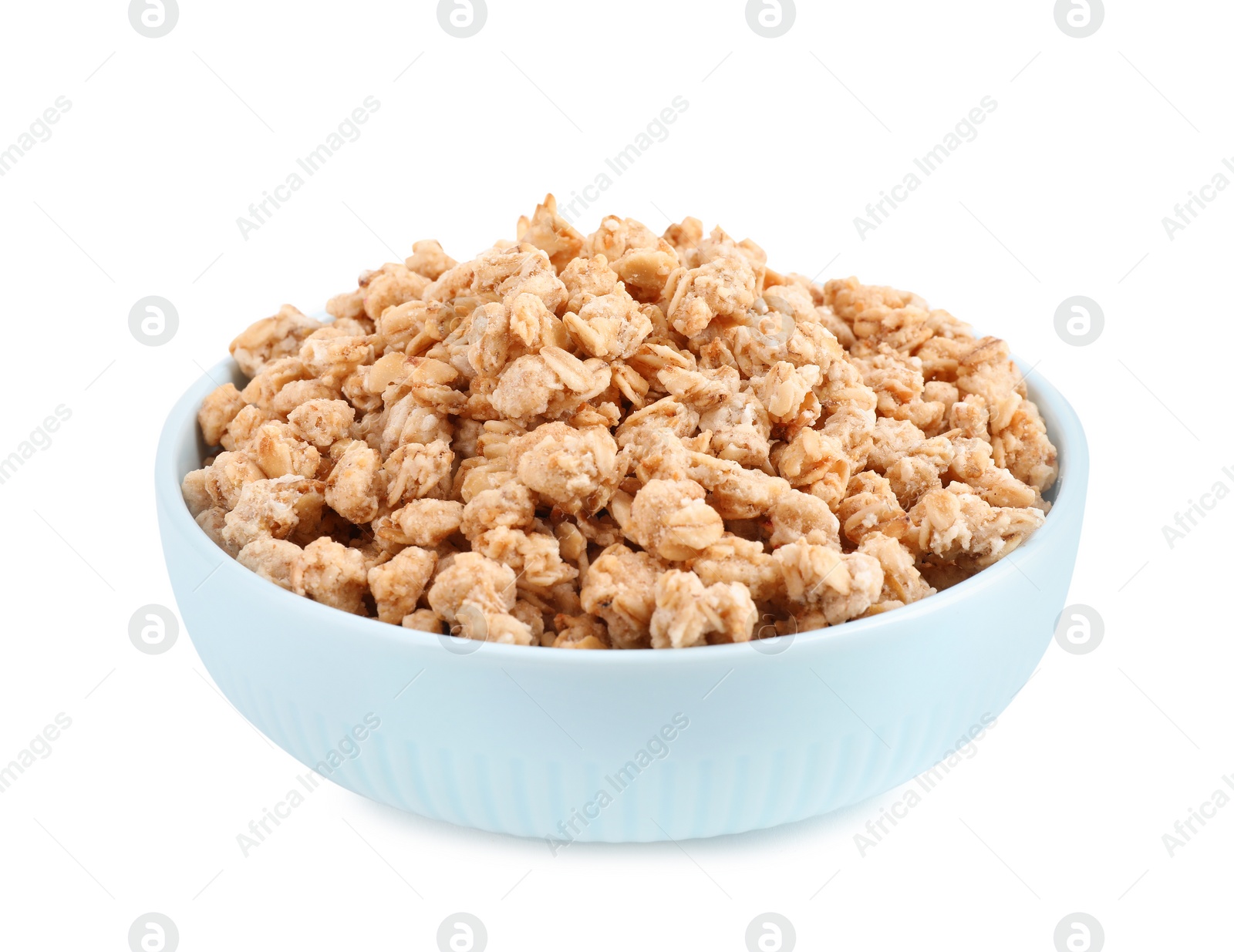 Image of Tasty crispy granola in bowl isolated on white